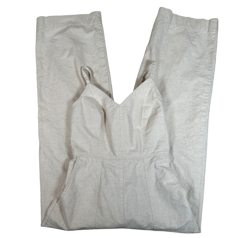 Small Beige Cotton Linen Blend Wide Leg Jumpsuit Sleeveless neutral tan‎ beach